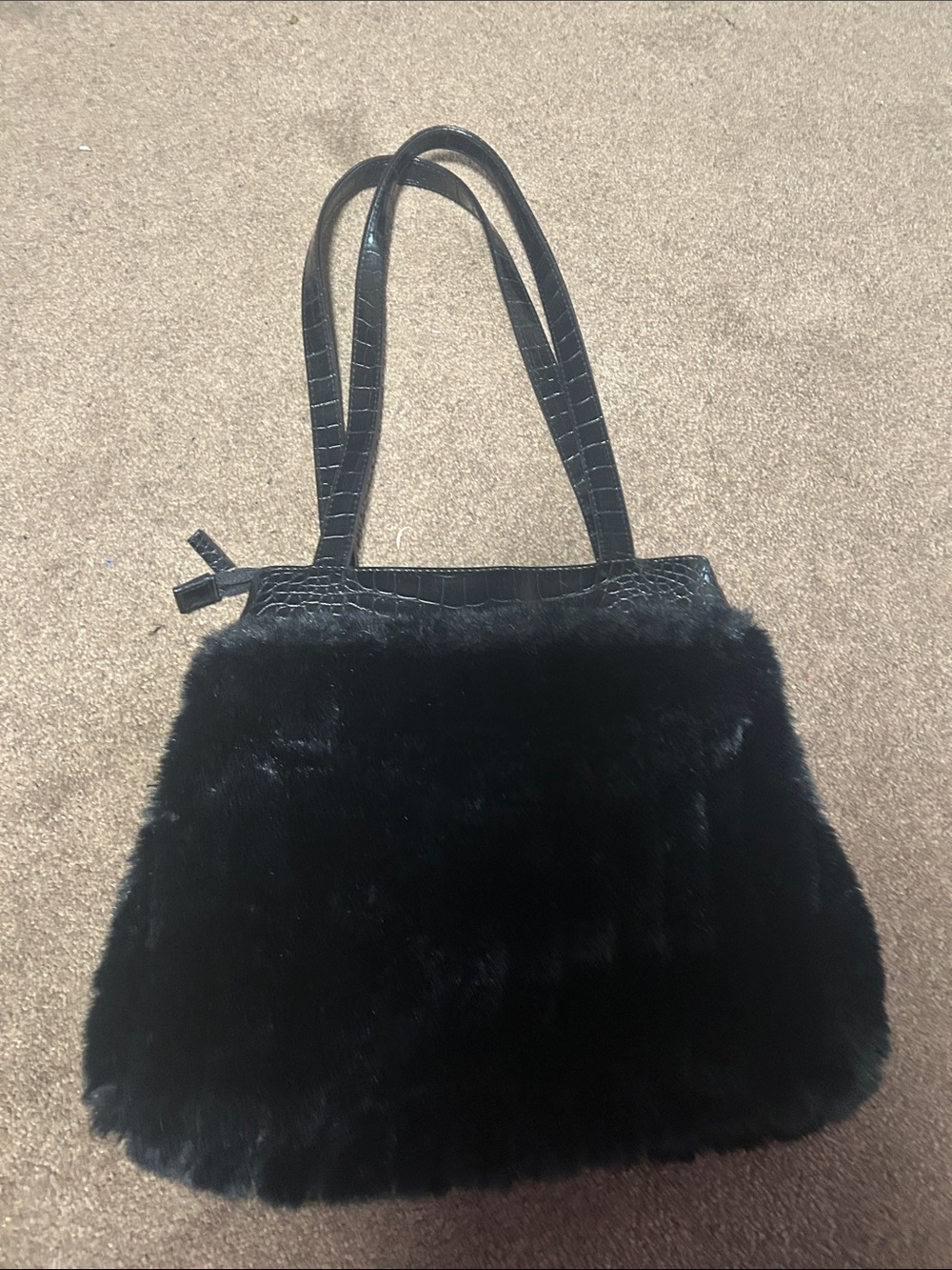 Black Faux Fur Tote Bag with Textured Handles